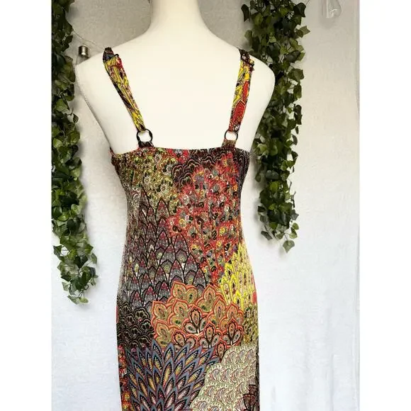 Raindrops by Papillon Black Orange Peacock Maxi Dress Women's Small - Picture 9 of 12